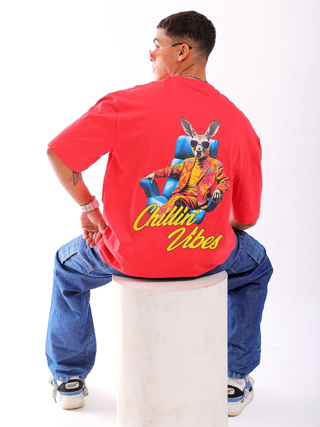 The Indian Garage Co Men Back Printed Pure Cotton Oversized Round Neck T-shirt