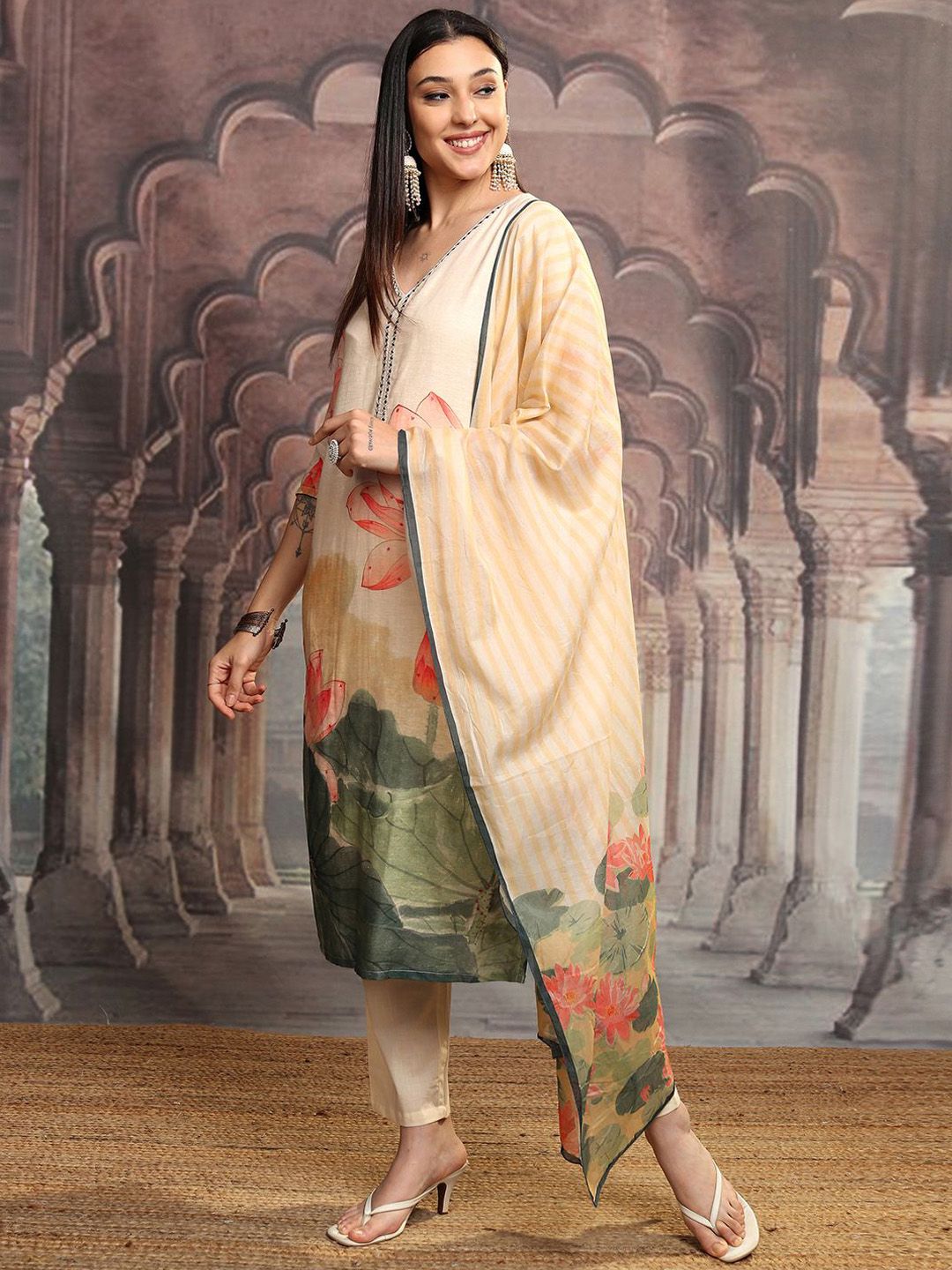 Vishudh Green Floral Printed Mirror Work Pure Cotton Kurta With Trousers & Dupatta