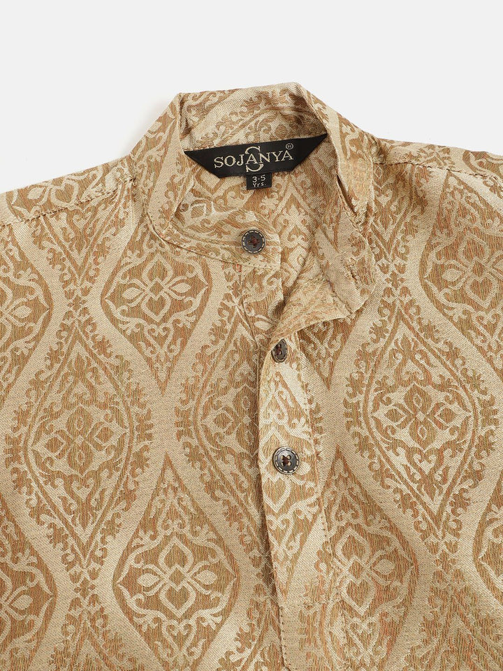 SOJANYA Lelaki Beige & Coklat Motif Etnik Rekaan Tenunan Jacquard Tenunan Kolar Jalur Kurta