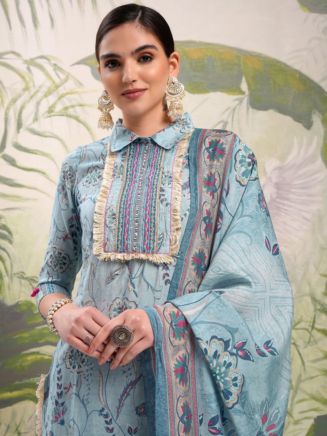 Vishudh Blue Floral Printed Shirt Collar Thread Work Straight Kurta With Salwar & Dupatta