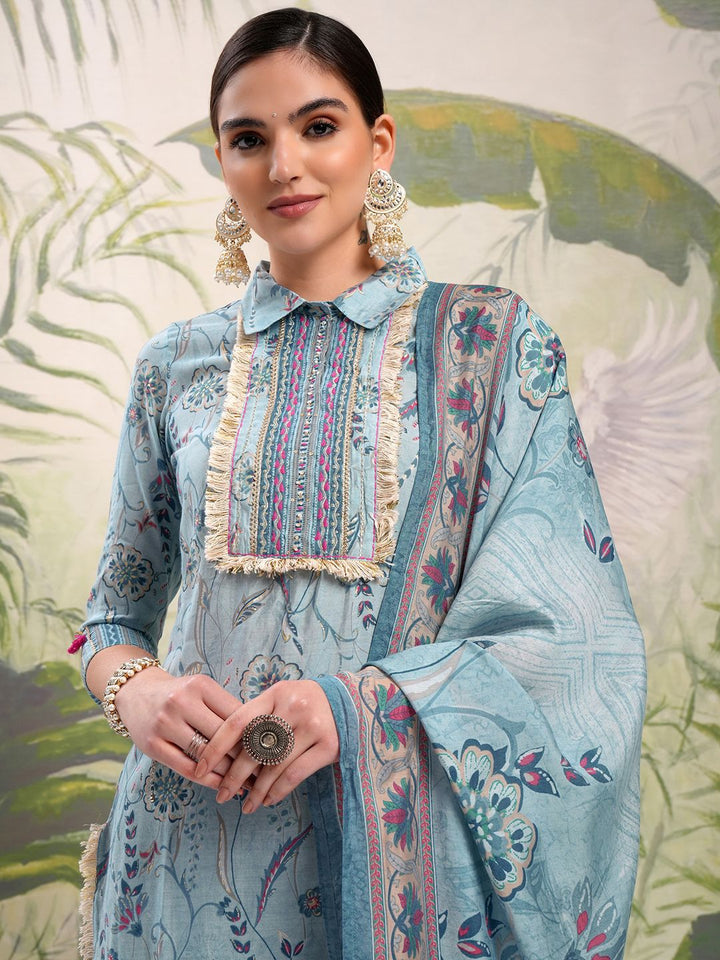 Vishudh Blue Floral Printed Shirt Collar Thread Work Straight Kurta With Salwar & Dupatta