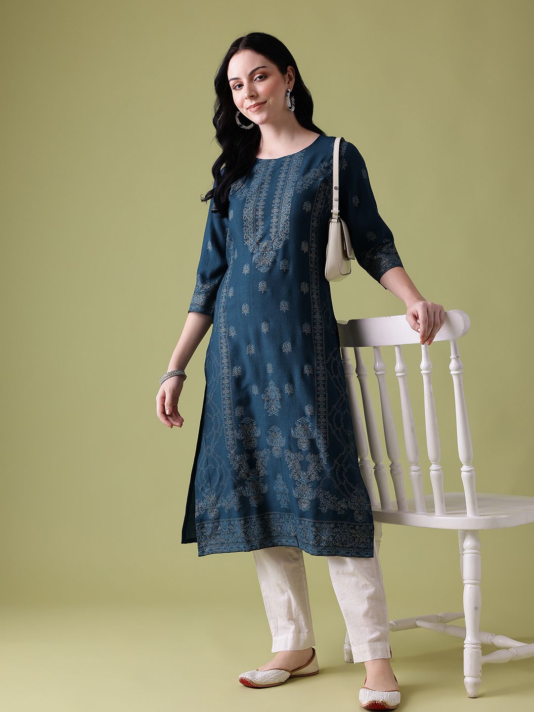Anouk Ethnic Motifs Printed Calf-Length Straight Kurta