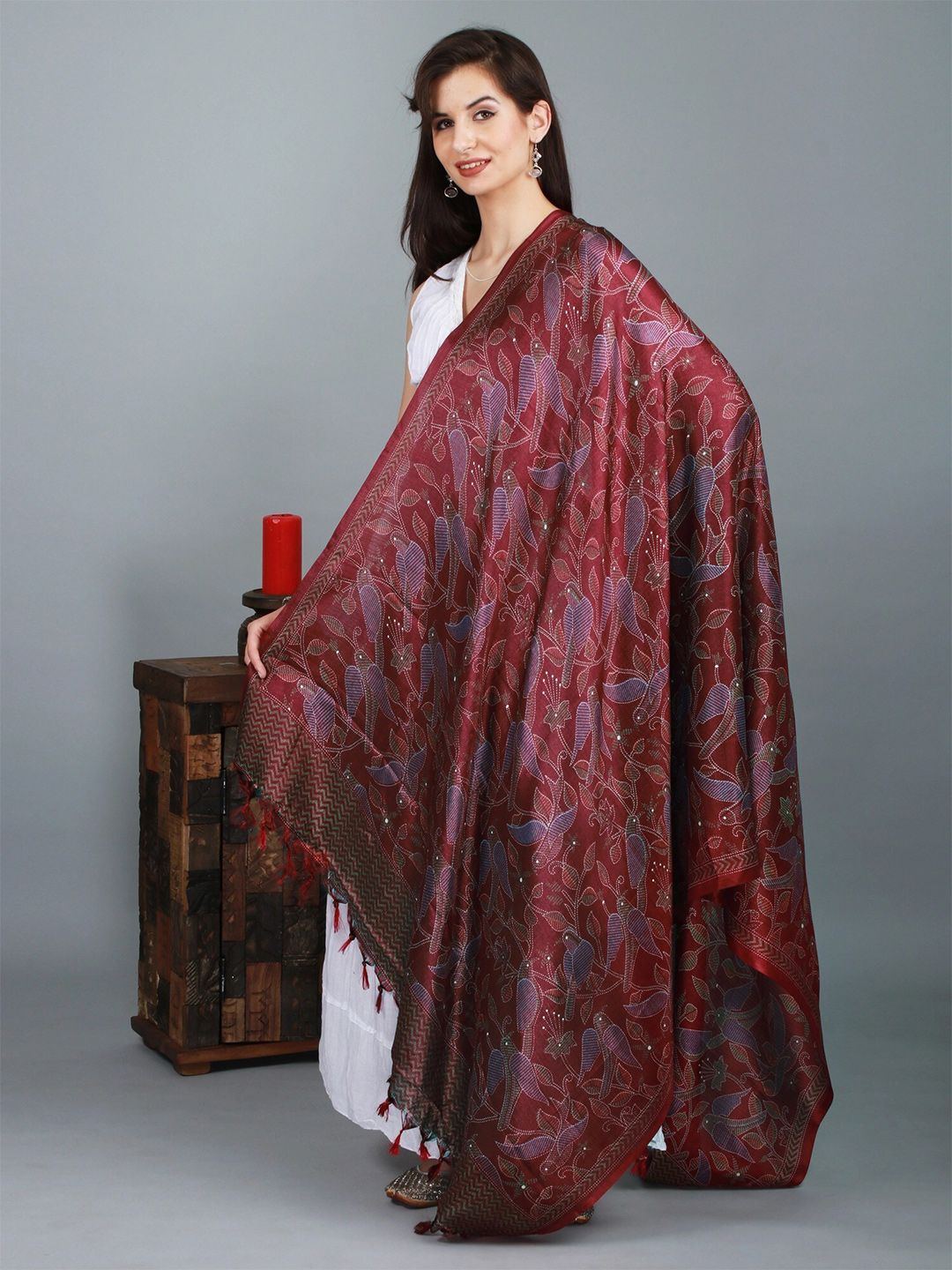 Exotic India Maroon Banglori Satin Birds and Leaf Printed Dupatta with Tassels