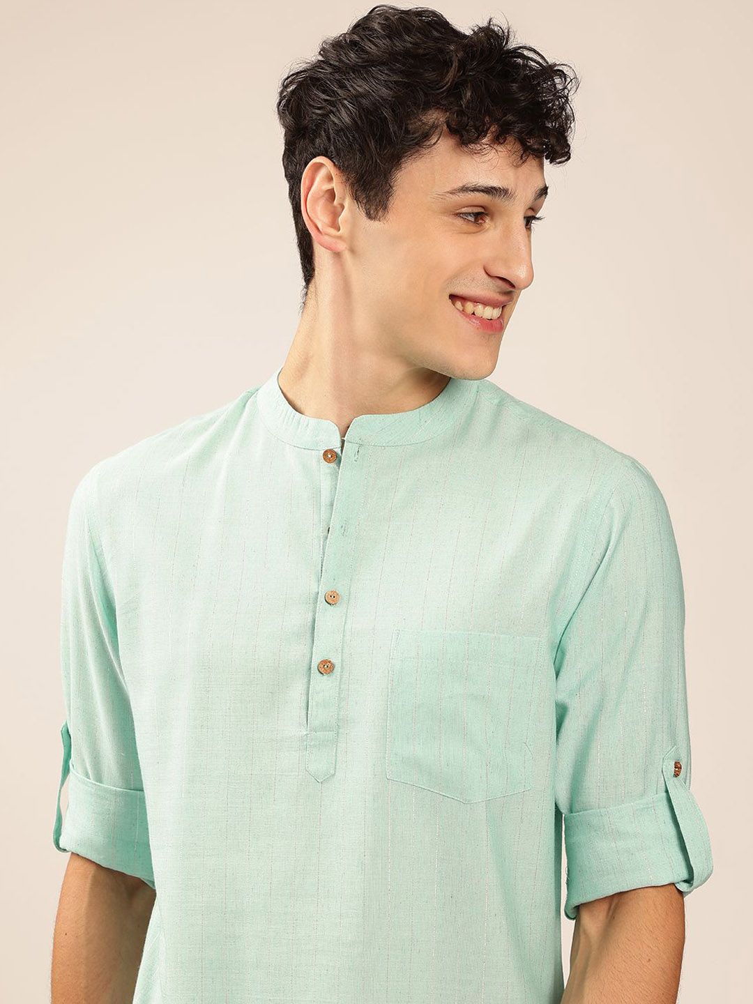 Anouk Blue Striped Woven Design Mandarin Collar Roll-Up Sleeves Zari Pathani Short Kurta