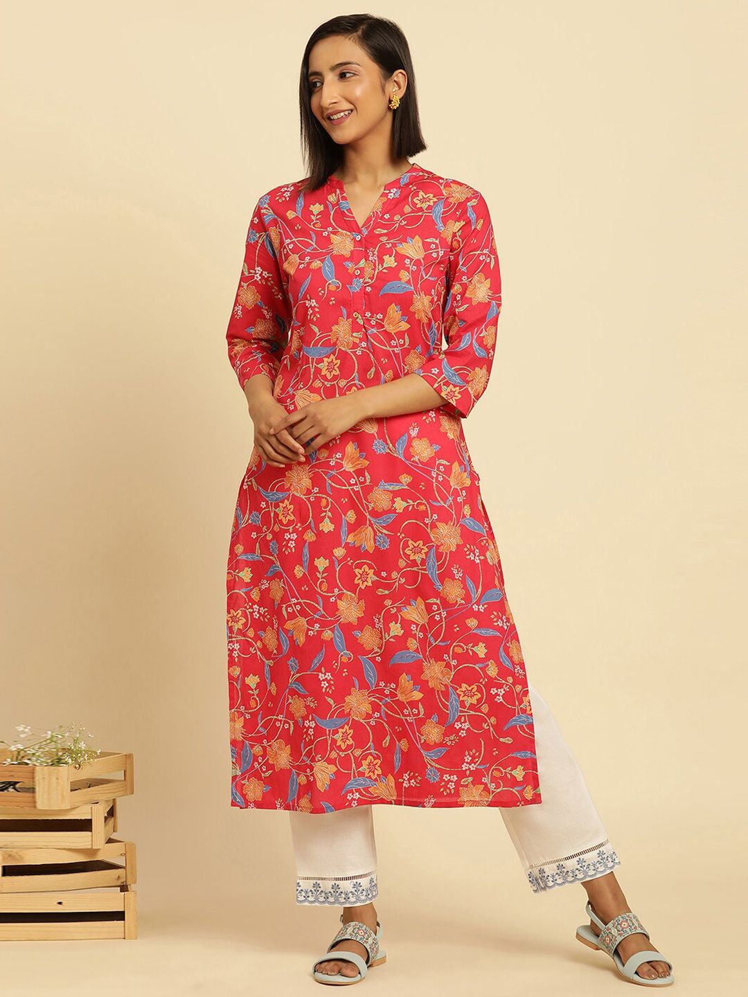 W Floral Printed Cotton Kurta
