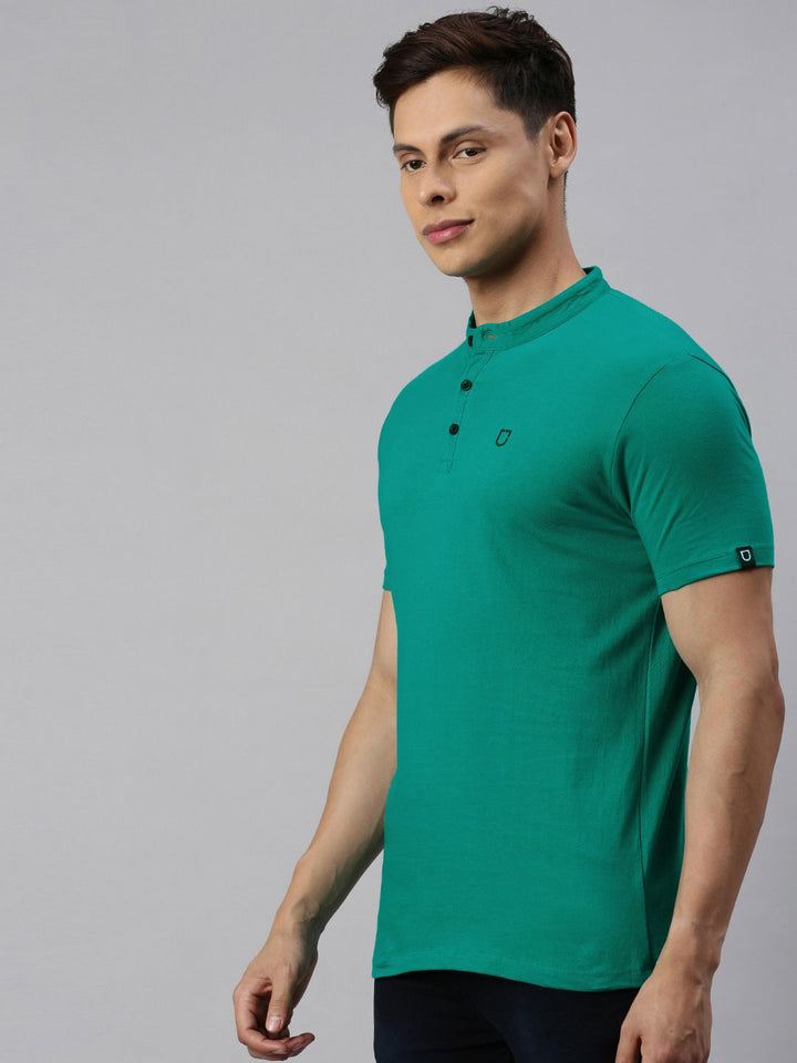 Urbano Fashion Men Teal Green Slim Fit Solid Mandarin Collar Pure Cotton T-shirt
