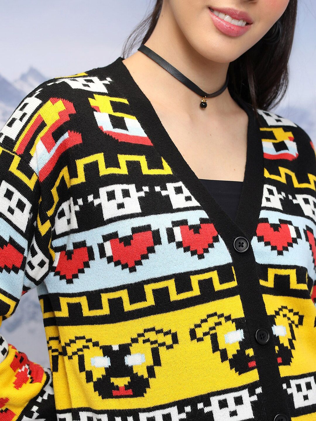 Tokyo Talkies Black Graphic Printed V-Neck Long Sleeves Acrylic Cardigan Sweater