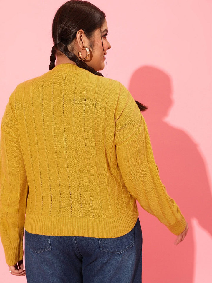 CURVY STREET Plus Size Women Yellow Cable Knit Acrylic Cardigan