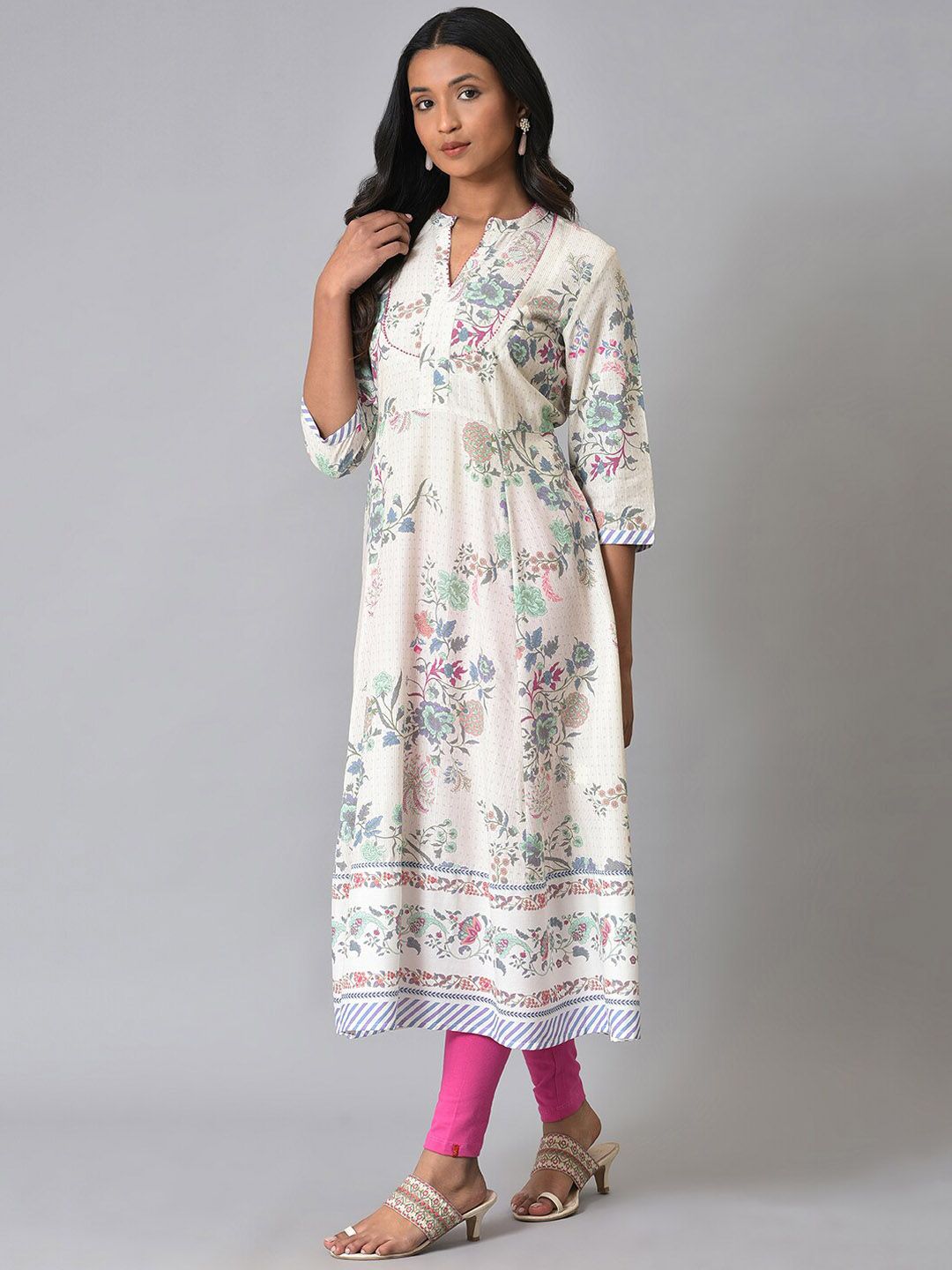 W Floral Printed Band Collar Anarkali Kurta
