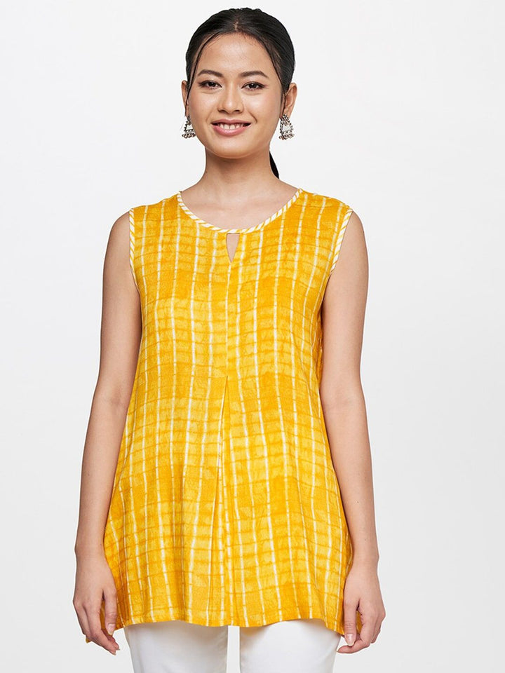 Global Desi Women Mustard Yellow Geometric Printed Keyhole Neck Top