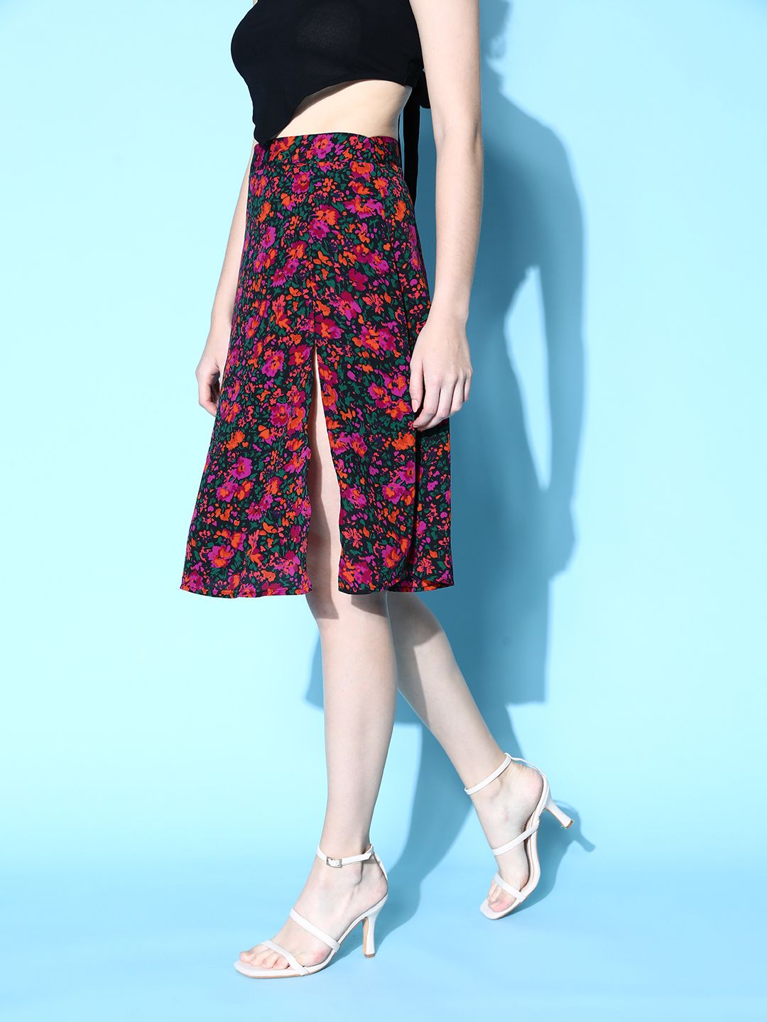 Berrylush Black Floral Peekaboo Slit Skirt