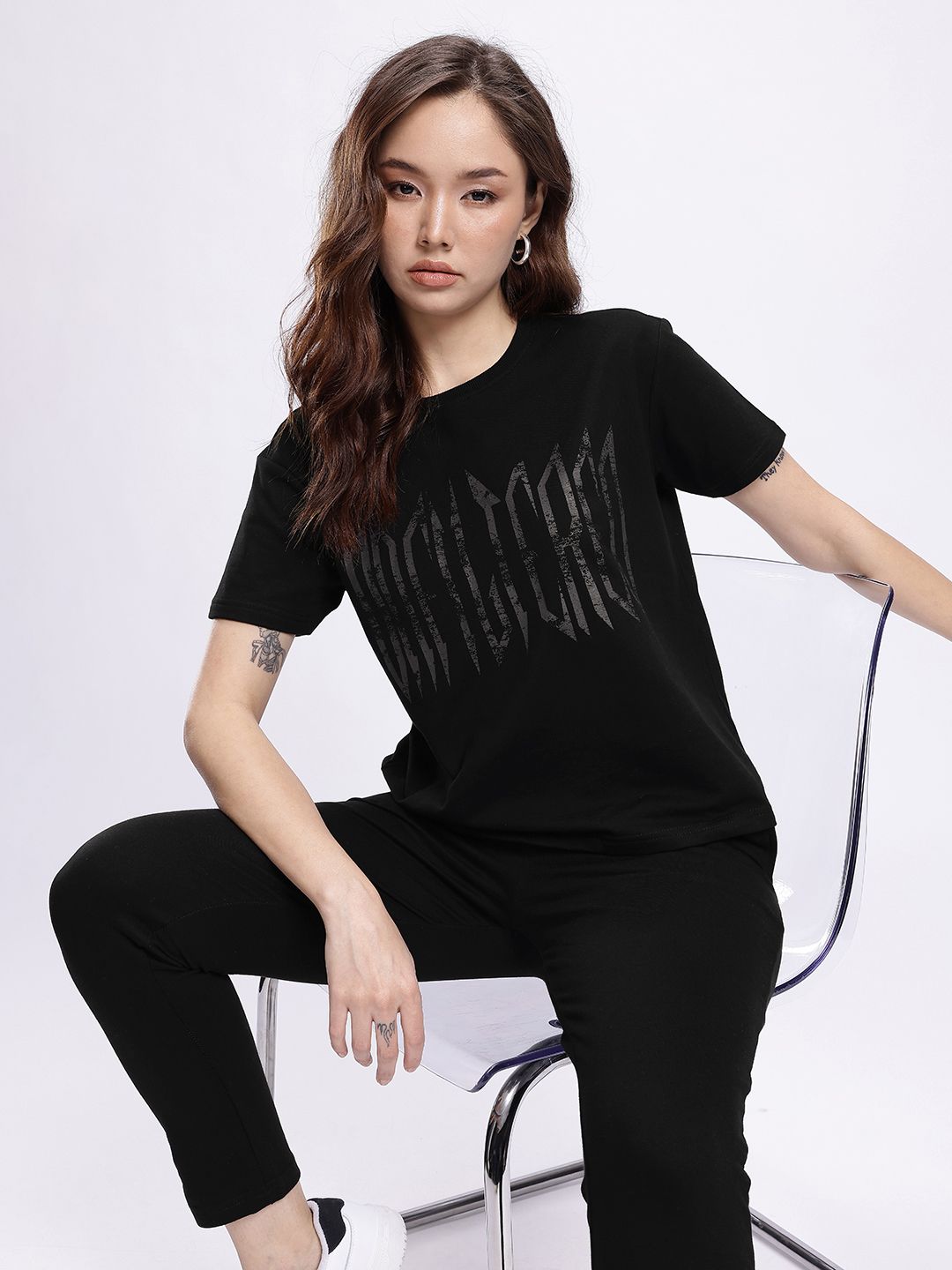 DressBerry Typography Printed T-Shirt with Trousers Co-Ords