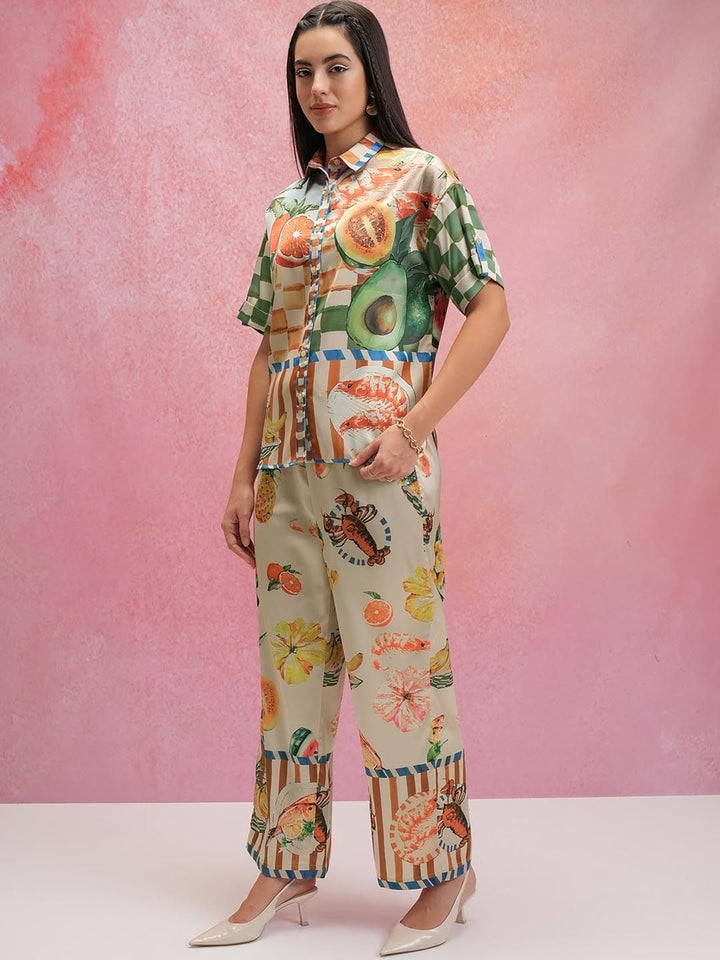 Tokyo Talkies Printed Satin Shirt Collar Shirt With Trousers Co-Ords