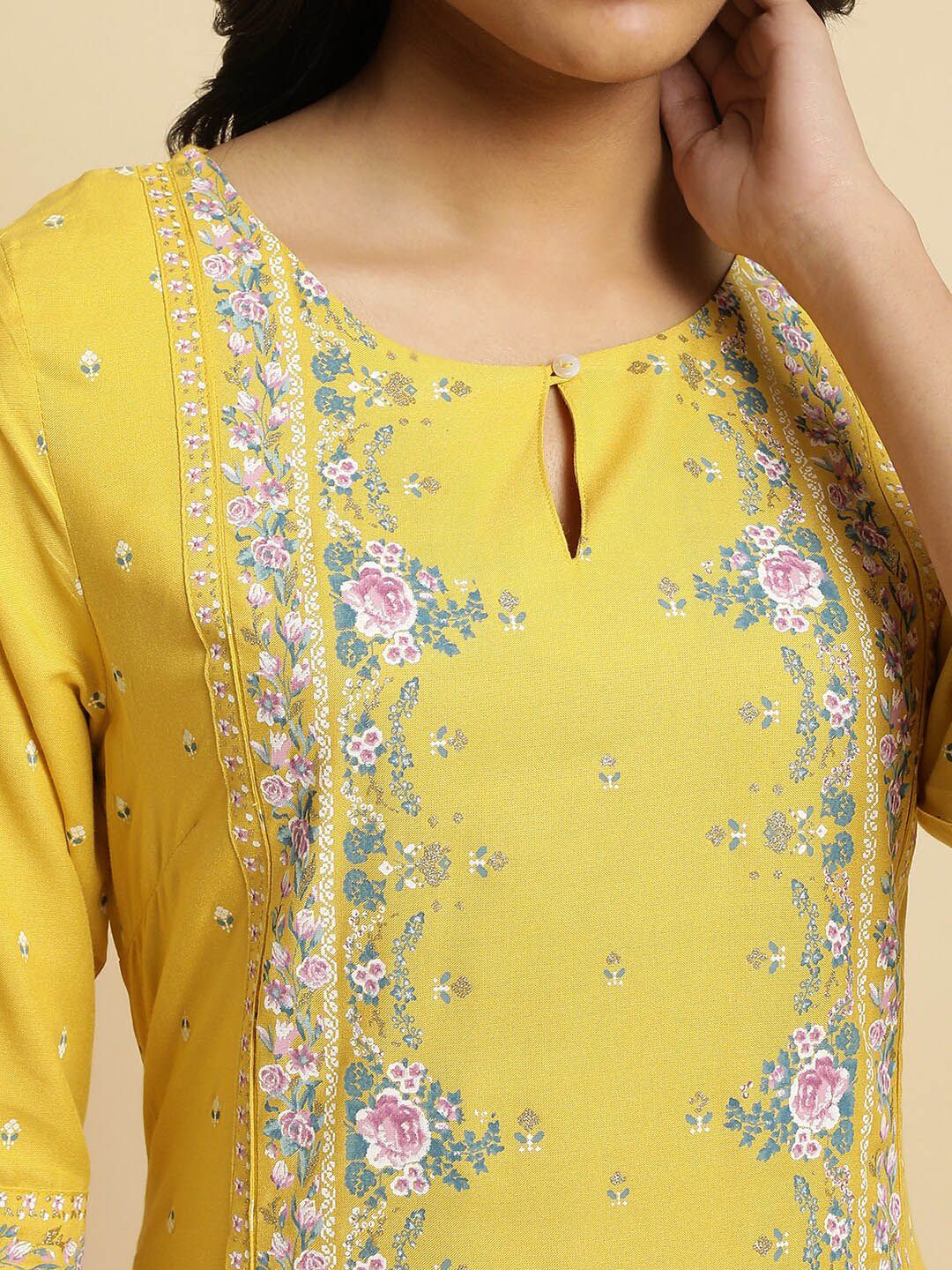 W Yellow & Pink Floral Printed Keyhole Neck A-Line Kurta