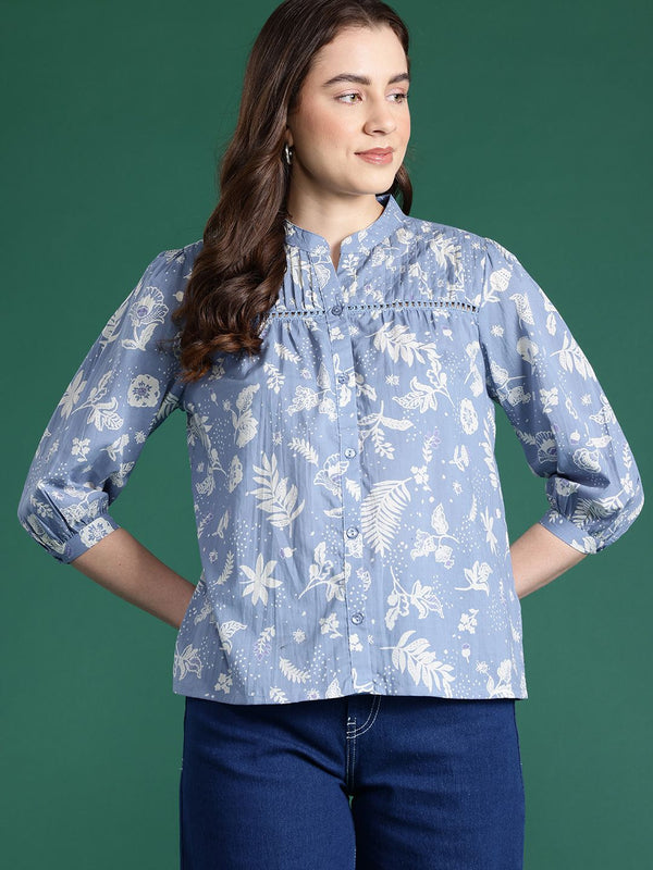 Dressberry Floral Print Mandarin Collar Cotton Shirt Gaya Atas