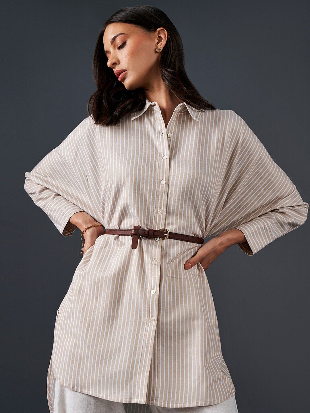 AND Striped Pure Cotton Longline Shirt Style Top