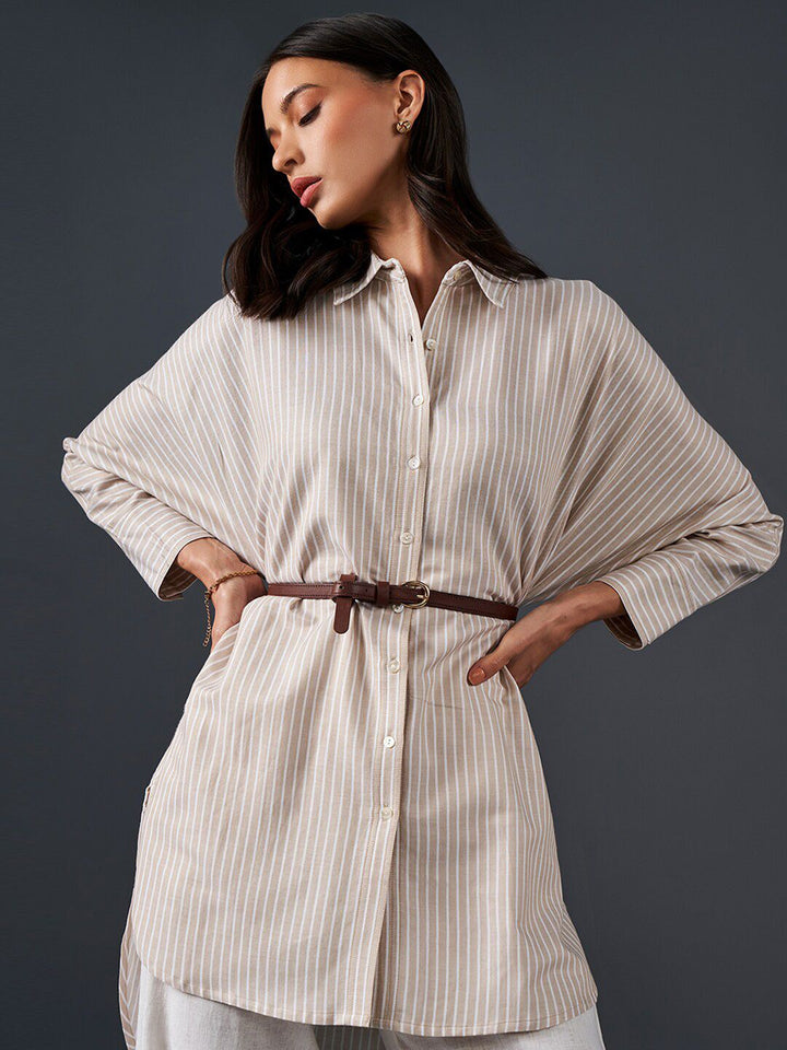 AND Striped Pure Cotton Longline Shirt Style Top