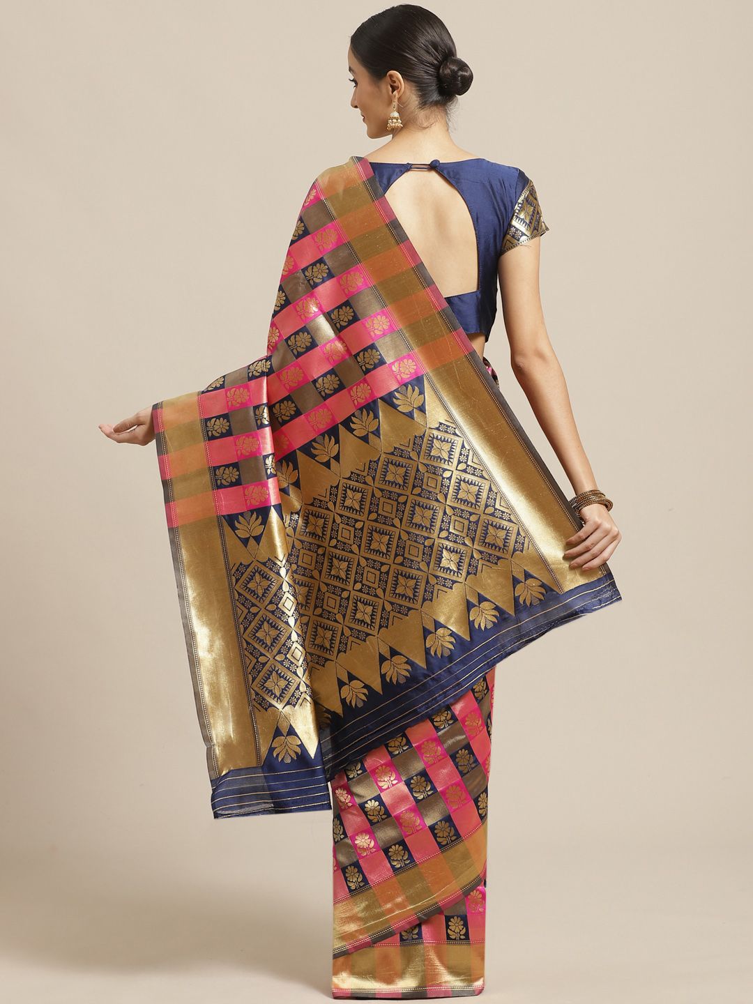 Saree mall Navy Blue & Pink Checked Banarasi Saree