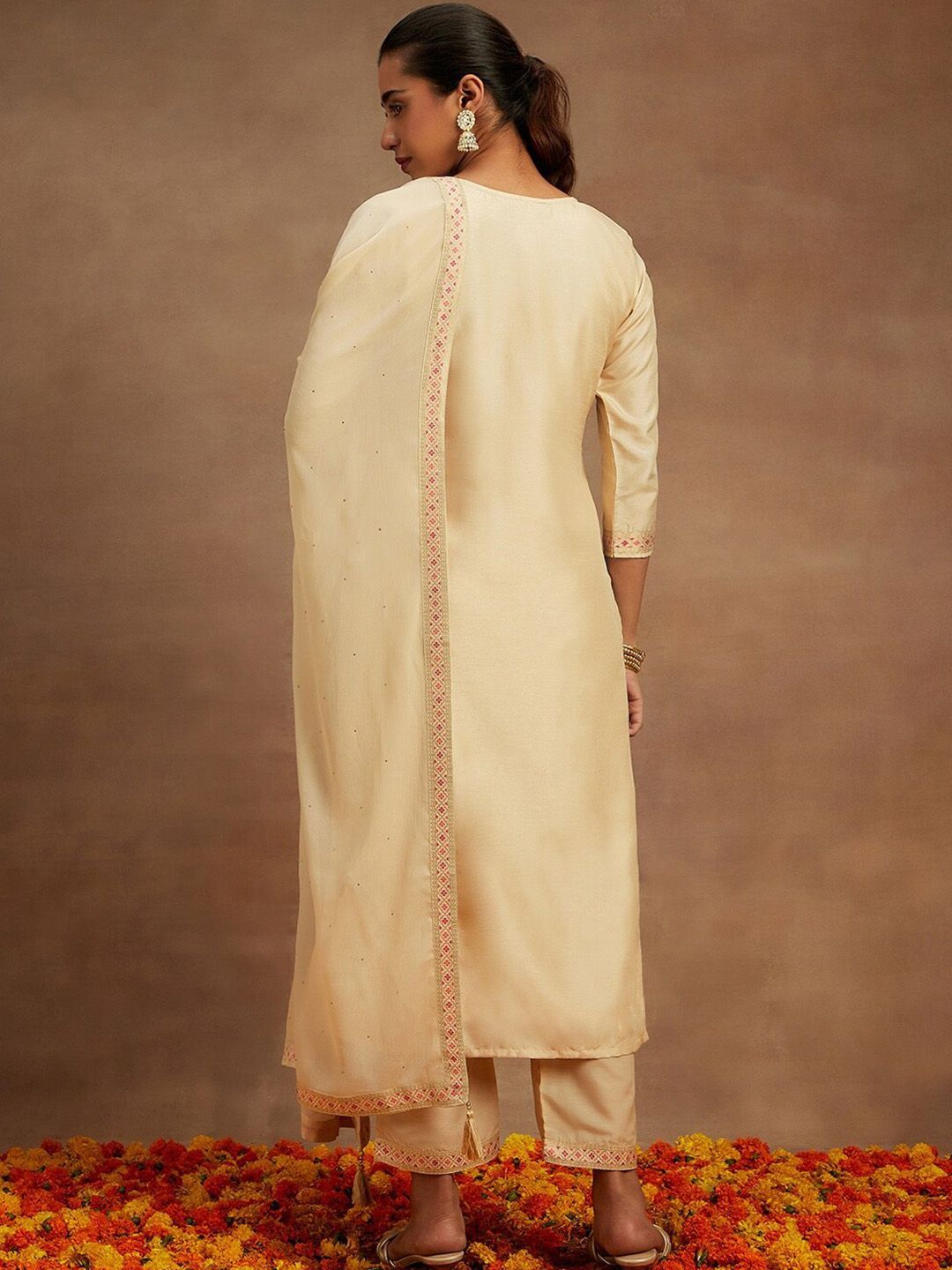 Libas Beige Floral Woven Design Kurta with Trousers & With Dupatta