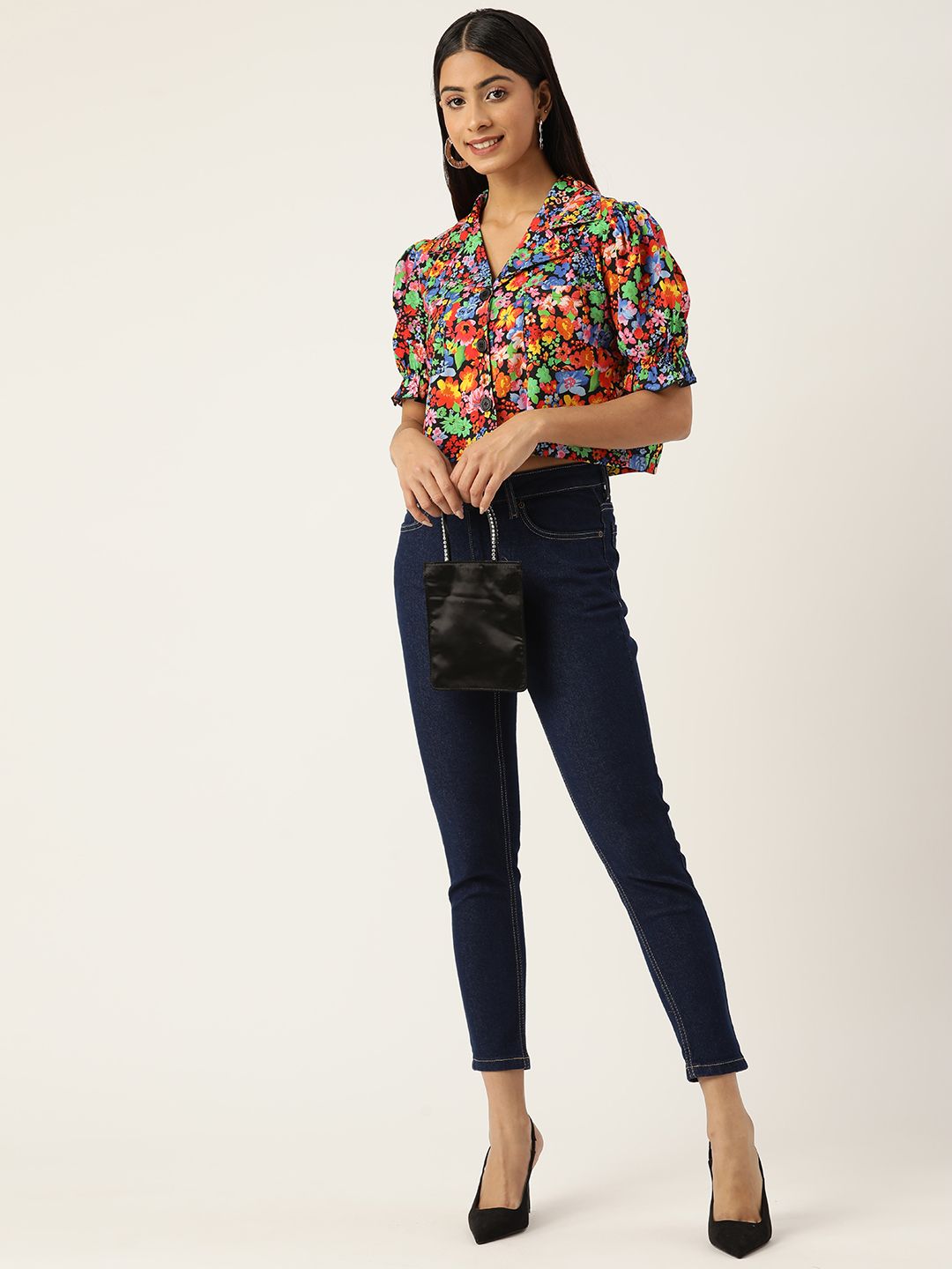 Antheaa Women Comfort Boxy Floral Printed Crop Shirt