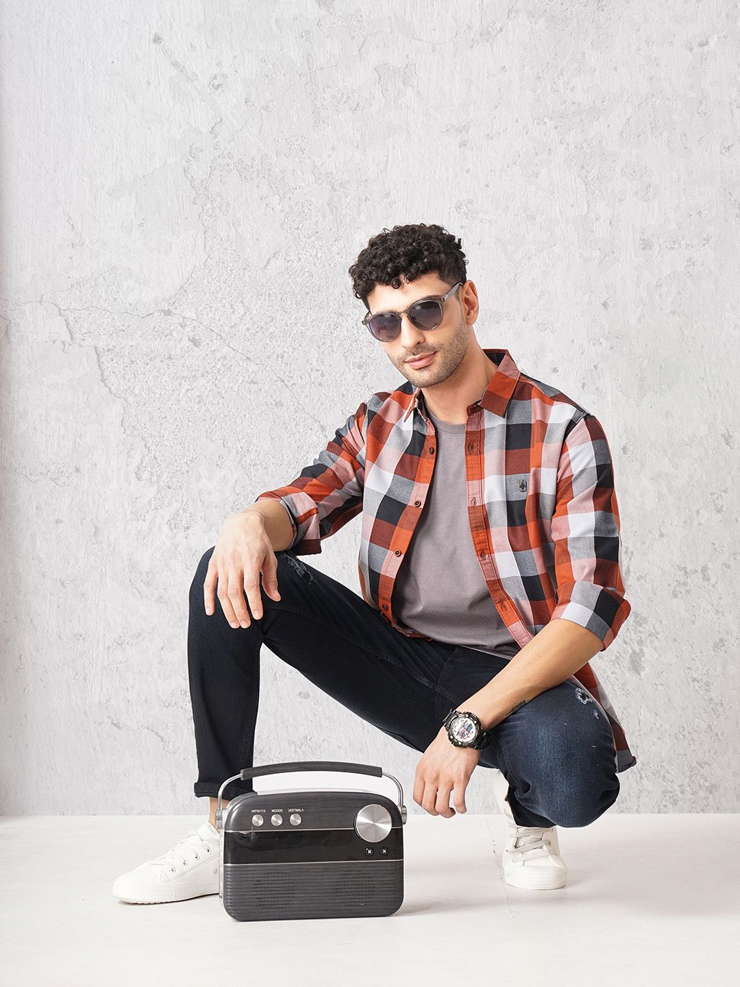 The Indian Garage Co Men Rust Red & Black Checked Pure Cotton Casual Shirt