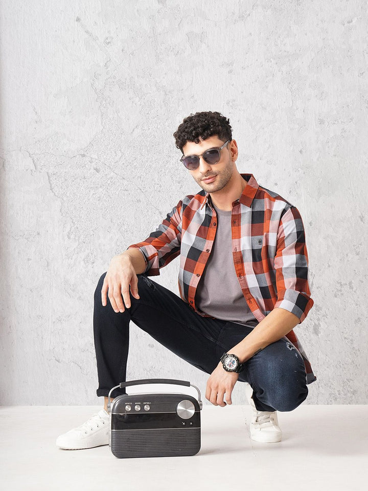 The Indian Garage Co Men Rust Red & Black Checked Pure Cotton Casual Shirt