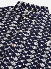 SOJANYA Men Navy Blue & White Woven Design Kurta with Pyjamas & Nehru Jacket