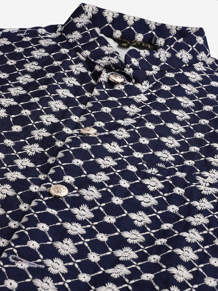 SOJANYA Men Navy Blue & White Woven Design Kurta with Pyjamas & Nehru Jacket