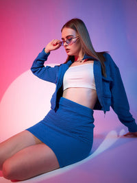 STREET 9 Blue Self Design Crop Bomber Jacket