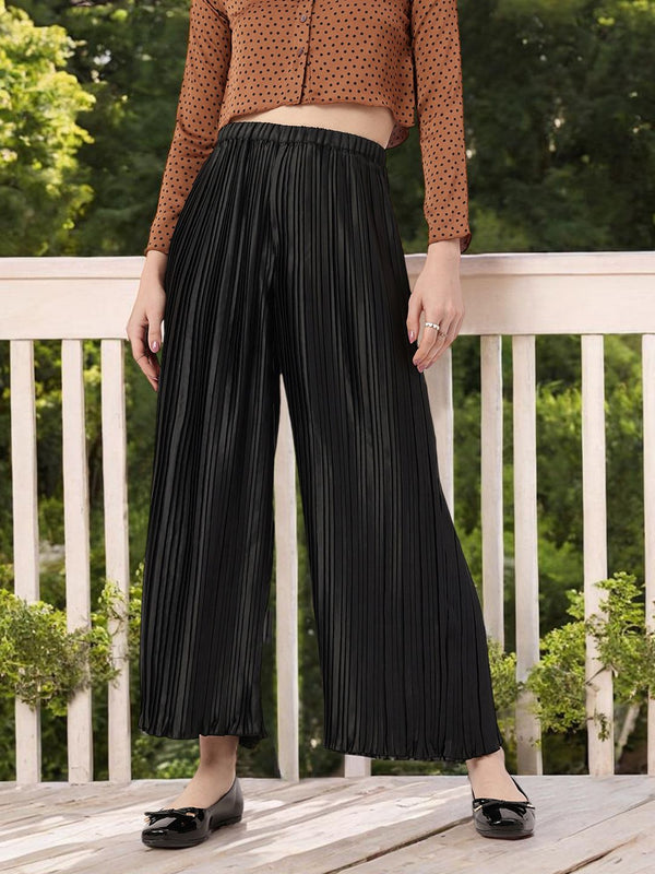 DressBerry Women Luxurious Layers Accordion Pleated Satin Finish Wide Leg Trousers