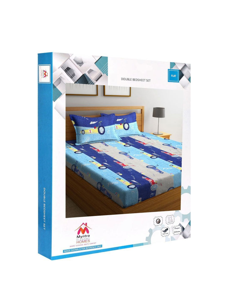 Myntra Elegant Homes Blue Conversational Polycotton 300 TC King Fine Bedsheet with 2 Pillow Covers-98 x 87 inches