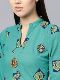 SOJANYA Women Sea Green & Yellow Printed A-Line Kurta