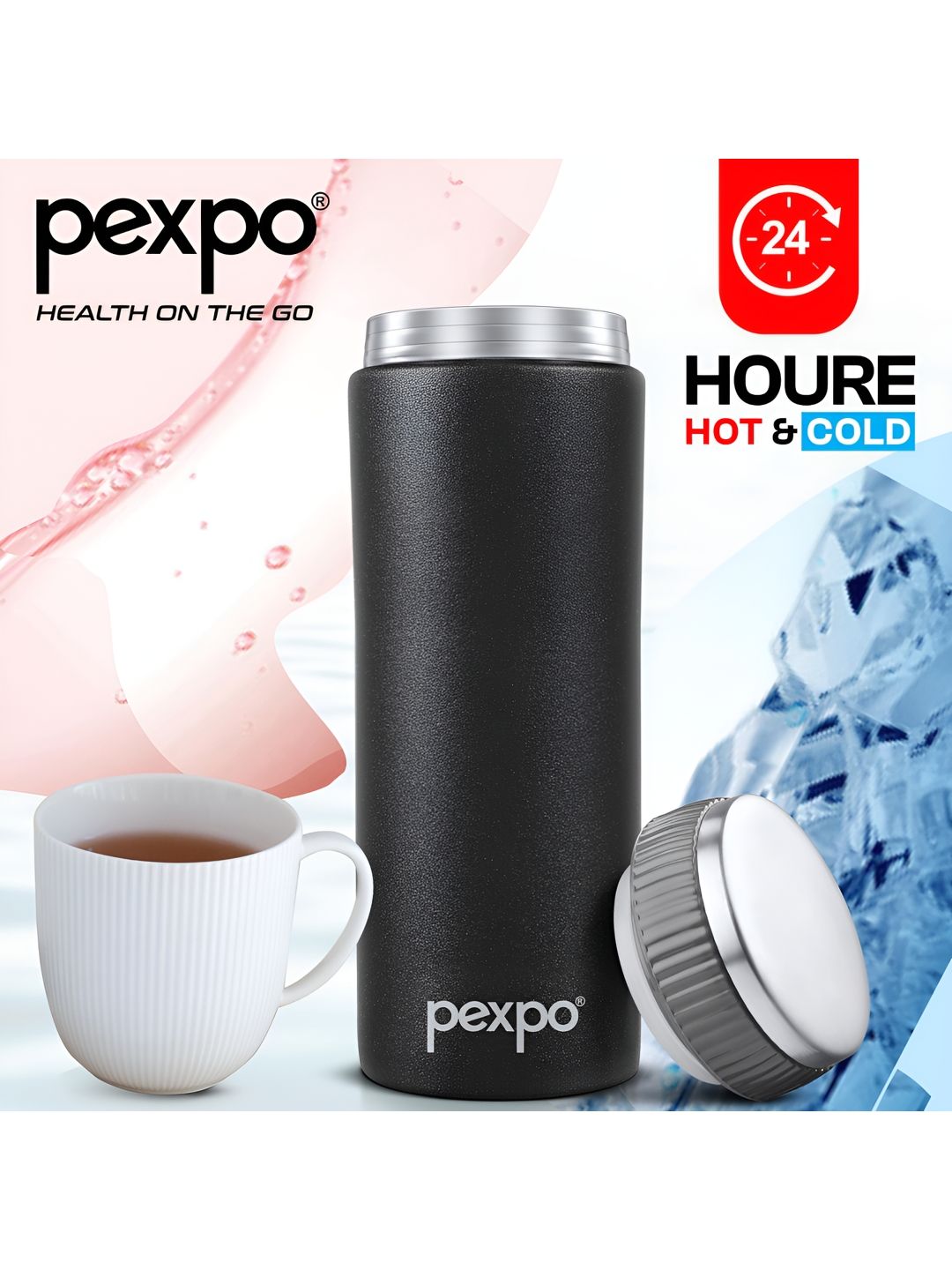 Pexpo Black CRYPTO-ISI Certified Thermosteel Hot and Cold flask Insulated tumbler 430ml