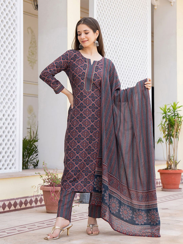 KALINI Ethnic Motifs Printed Regular Gotta Patti Straight Kurta with Trousers & Dupatta