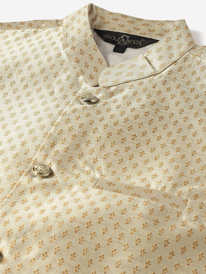 SOJANYA Embeoidered Sequinned Pure Cotton Kurta with Churidar & Woven Design Nehru Jacket