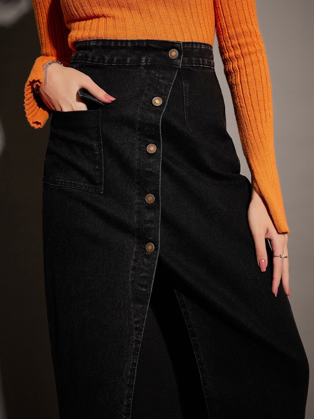 SASSAFRAS Black Front Slit Denim Wrap Midi Skirt