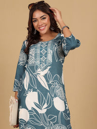 Varanga Floral Printed Round Neck Thread Work Straight Kurta With Trousers