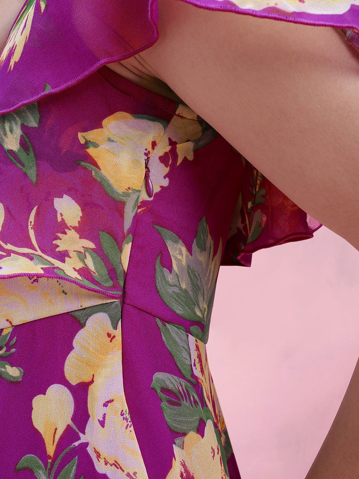 DressBerry Floral Print V-Neck Layered A-Line Midi Dress