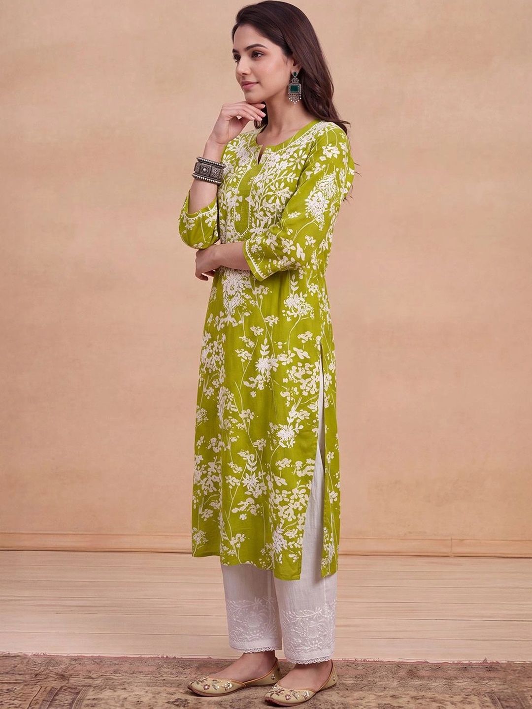 House of Chikankari Women Green Mulmul Chikankari Embroidered Republic Day Republic Day Kurta