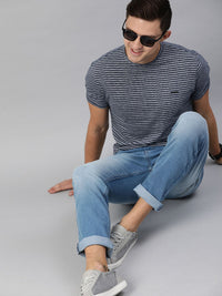 THE BEAR HOUSE Men Navy Blue Striped Round Neck T-shirt