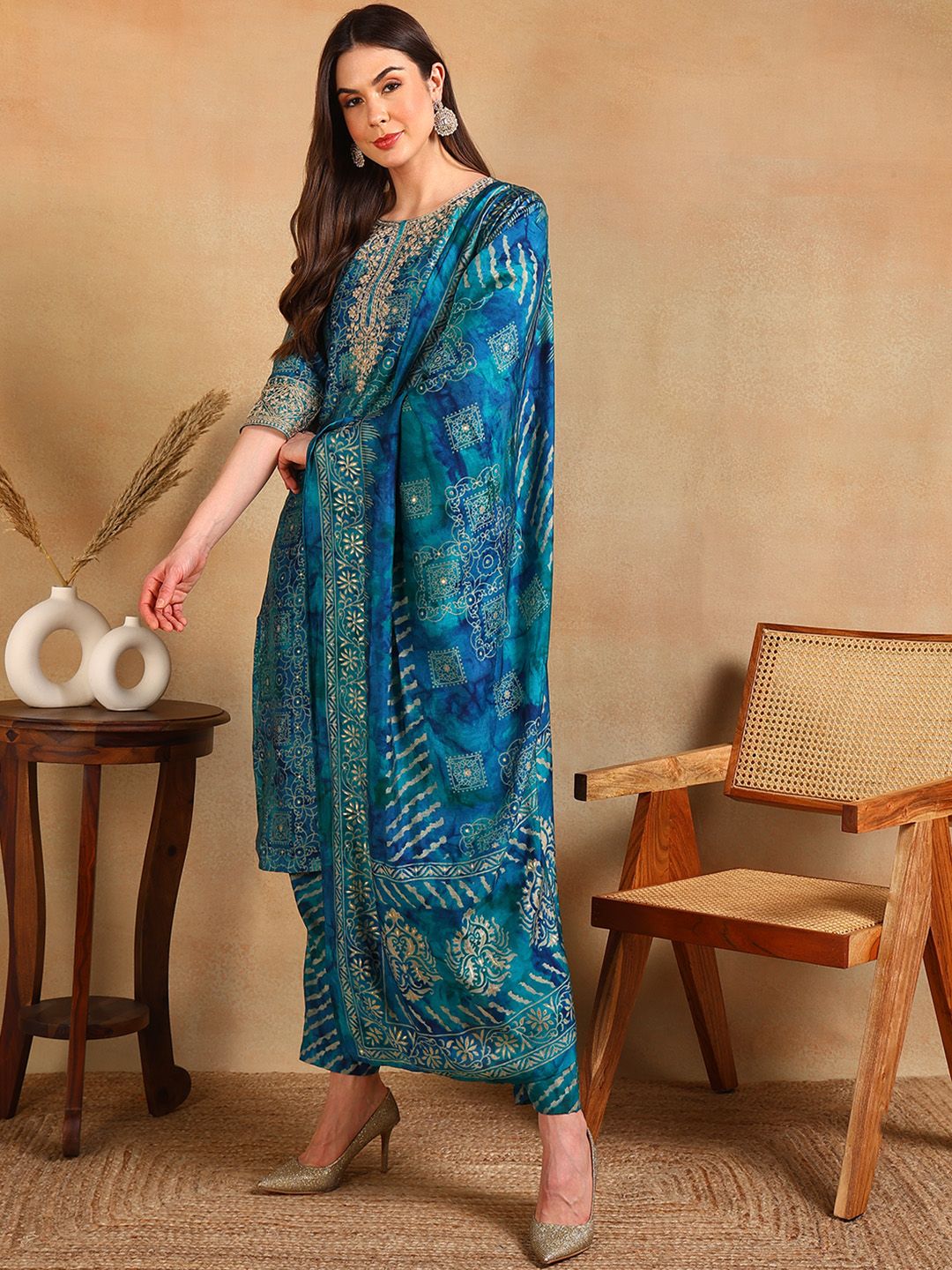 KALINI Ethnic Motifs Printed Thread Work Straight Kurta With Trouser & Dupatta