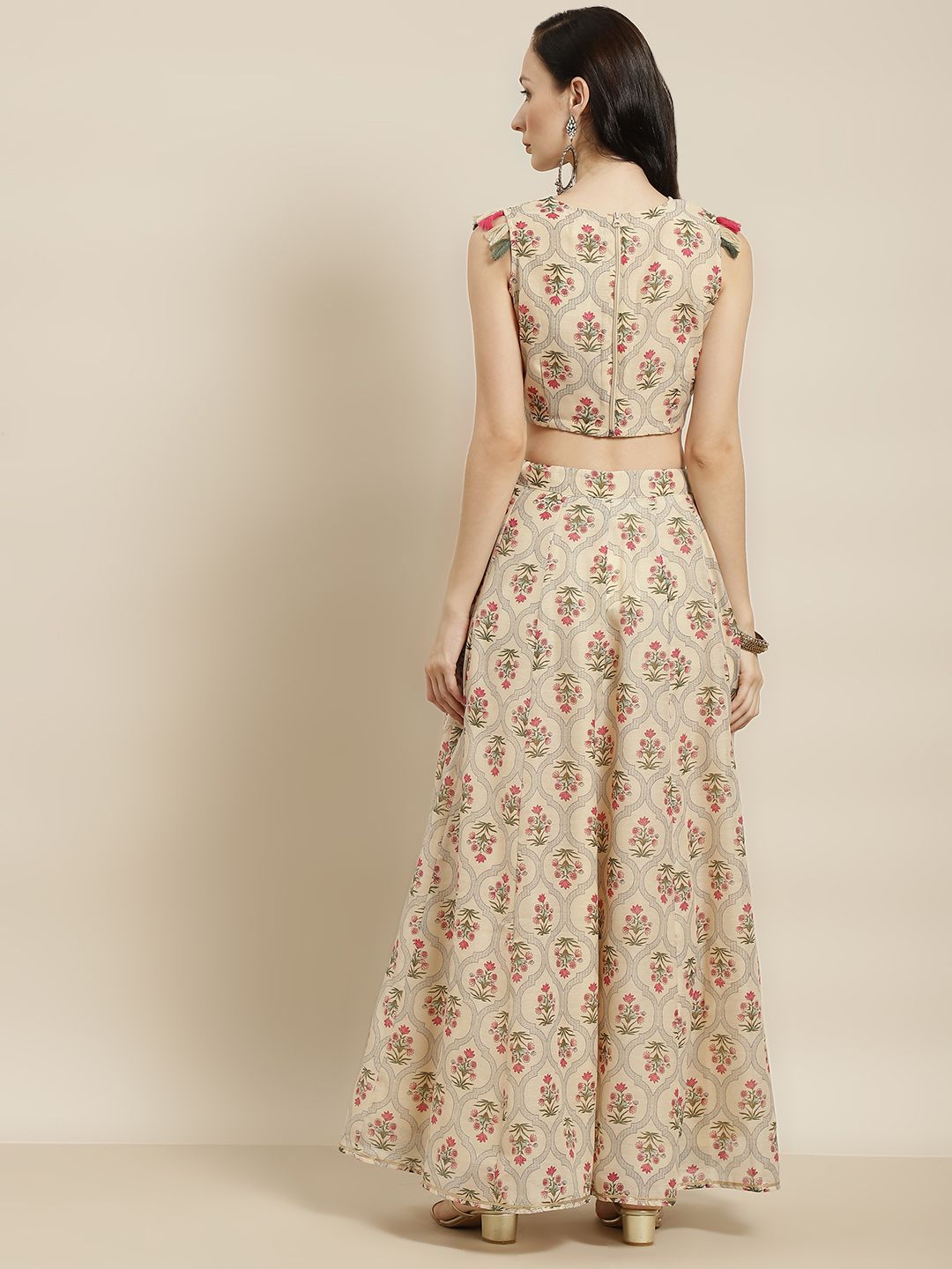Shae by SASSAFRAS Beige & Pink Printed Ready to Wear Lehenga