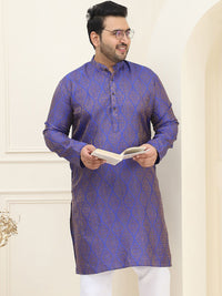 SOJANYA PLUS Men Blue & Golden Jacquard Silk Woven Design Straight Kurta
