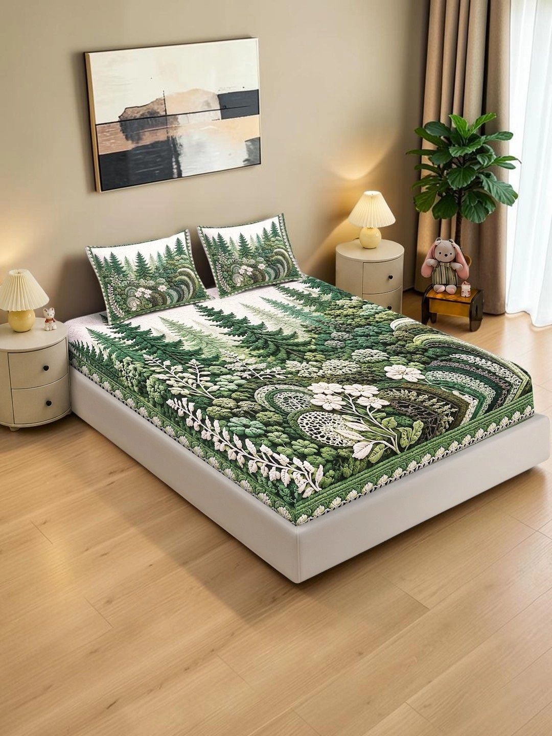 KLOTTHE Hijau & Putih Floral 400 TC Cadar King dengan 2 Sarung Bantal