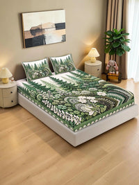 KLOTTHE Hijau & Putih Floral 400 TC Cadar King dengan 2 Sarung Bantal