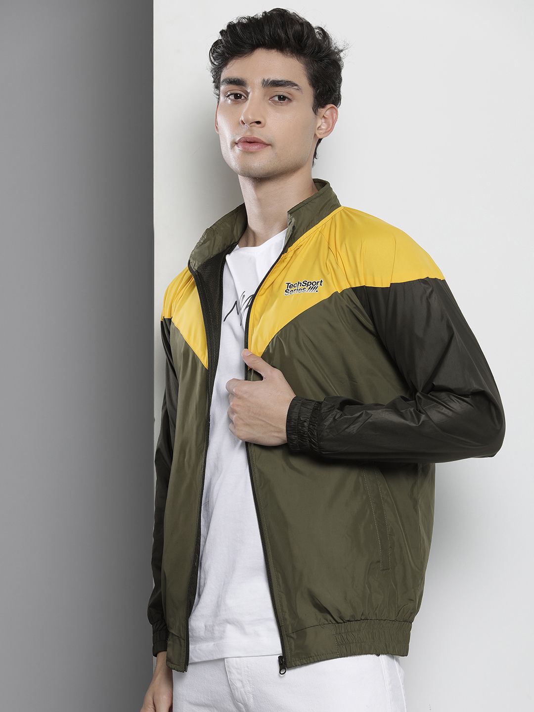 The Indian Garage Co Men Olive Green & Yellow Colourblocked Windcheater Jacket