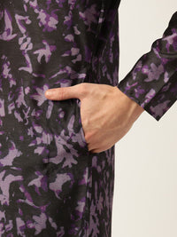 SOJANYA Men Black & Purple Printed Angrakha Straight Kurta