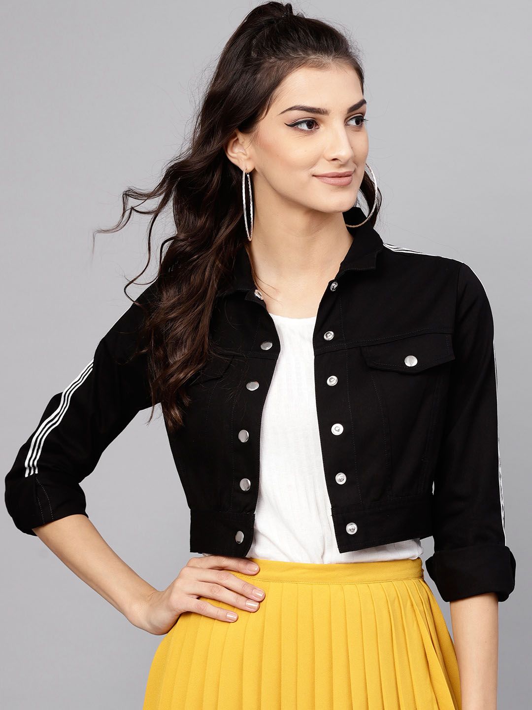 STREET 9 Women Black Solid Cropped Denim Jacket