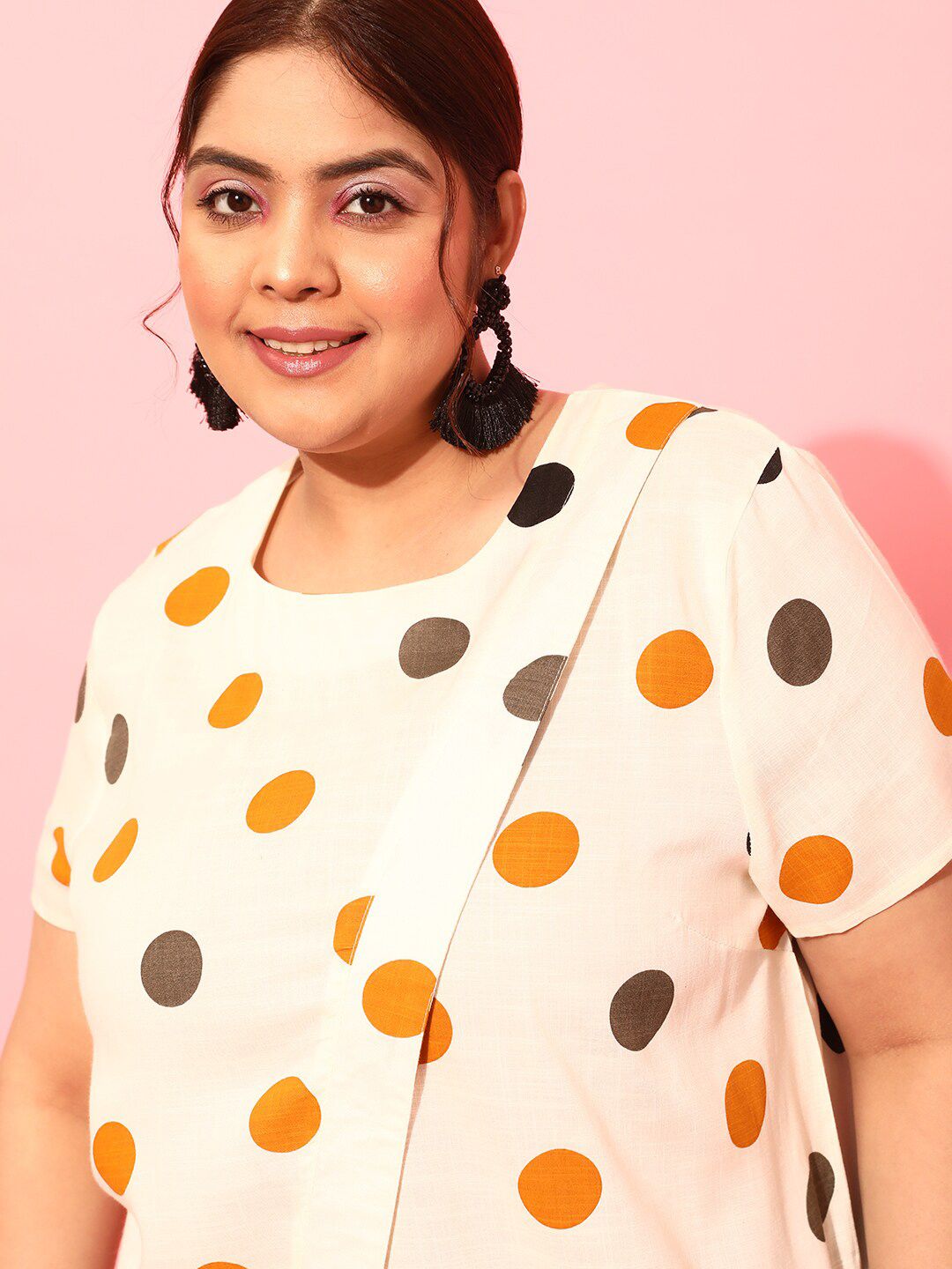 CURVY STREET Plus Size Polka Printed Round Neck Crepe Top