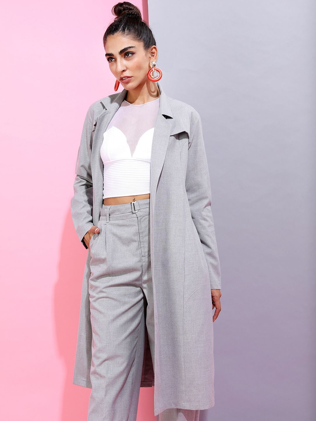 Tokyo Talkies Women Grey Solid Longline Trench Coat